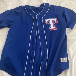 Texas Rangers baseball jersey.